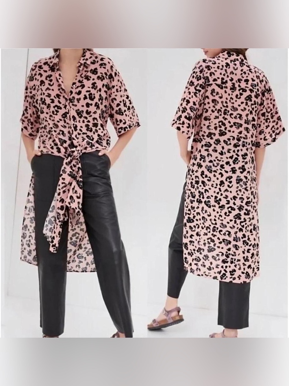 Anthropologie Maeve Pink Leopard Print Tie Front High Low Tunic Blouse Small